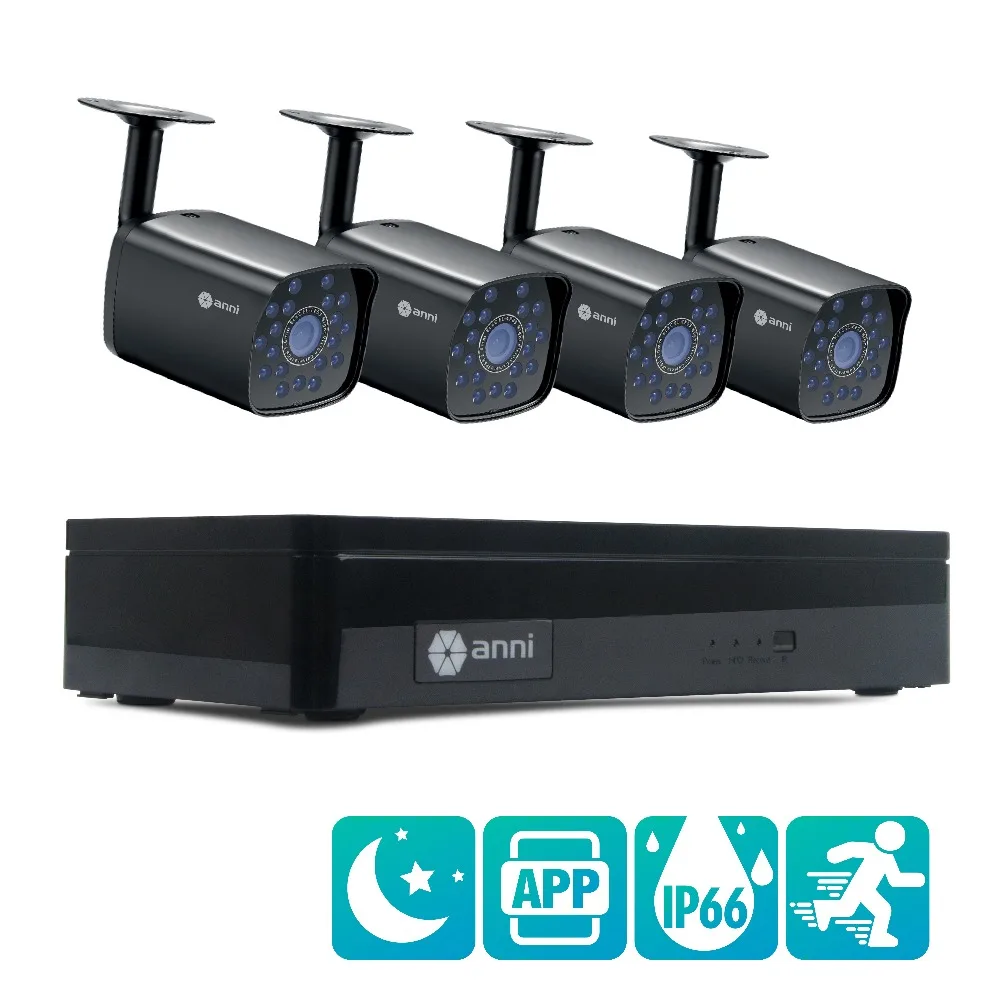 

Anni 4CH Home Security Camera System,1080N HD AHD DVR and (4) 720P 1500TVL IP66 Weatherproof Outdoor CCTV Surveillance System