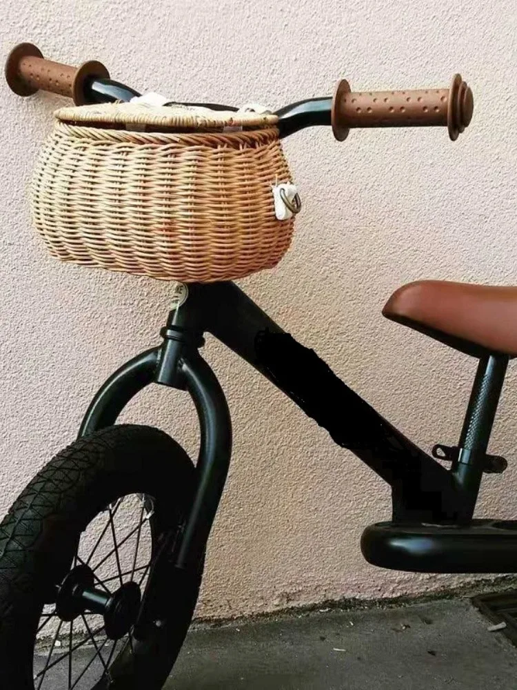 Детская велосипедная передняя корзина из ротанга, велосипедная корзина, сумка для груза, велосипедная плетеная корзина для хранения, велосипедная сумка-ведро