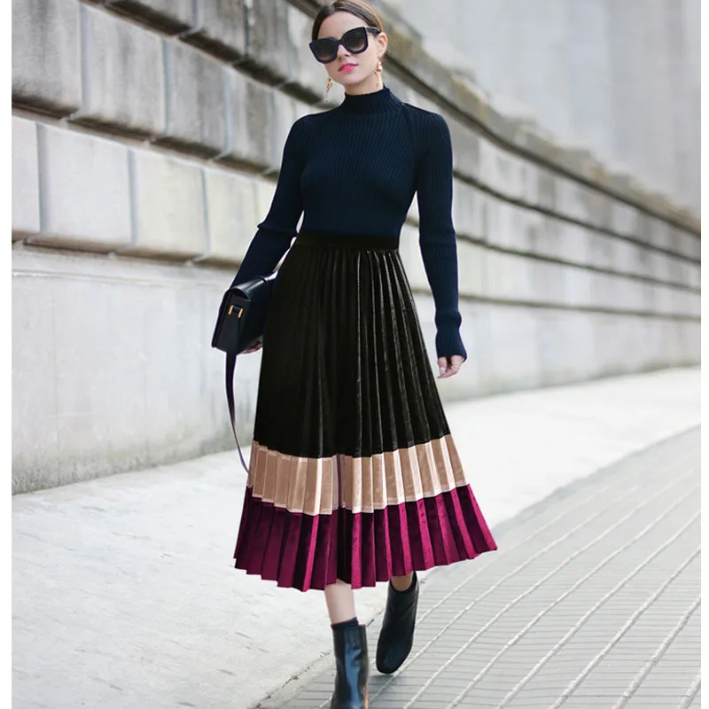 Новые женские повседневные Лоскутные цветные плиссированные рубашки весна лето женские тонкие длинные юбки до середины икры с высокой талией