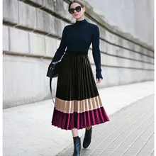 Новые женские повседневные Лоскутные цветные плиссированные рубашки весна лето женские тонкие длинные юбки до середины икры с высокой талией