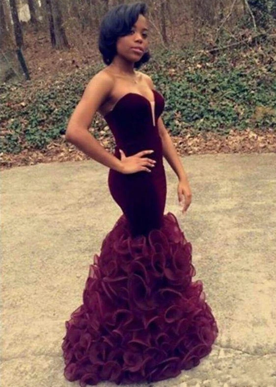 2020 Bourgondië Mermaid Prom Jurken Afrikaanse Grils Sweetheart Ruches Tiered Rokken Sexy Backless Lange Avond Celebrity Jurken 2020 Bourgondië Mermaid Prom Jurken Afrikaanse Grils Sweetheart Ruches Tiered Rokken Sexy Backless Lange Avond Celebrity Jurken