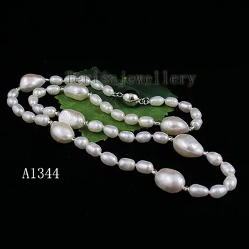 

Terisa Pearljewelry AA 4-9MM Mixes Size White Color Rice Baroque Freshwater Pearl Necklace 17 inch Fashion Lady's Jewelry