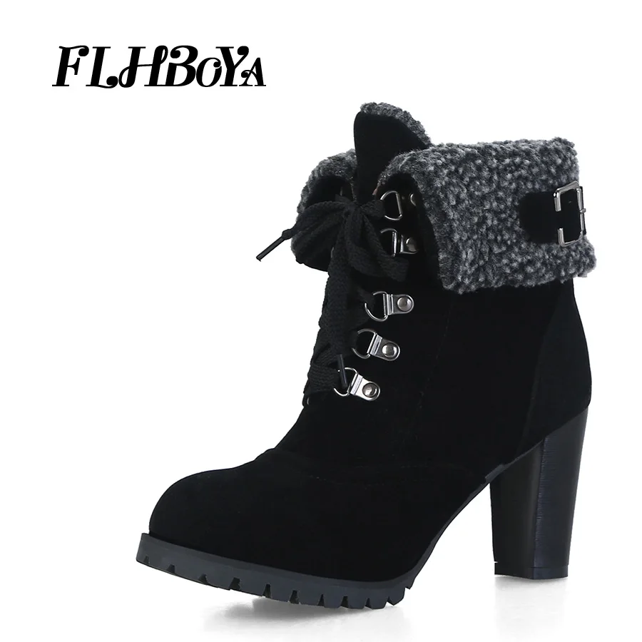 

FLHBOYA Winter Women High Block heels Ankle Boots Ladies Black Gray Turned-over edge Thick Heel Buckle Female Short Boot Shoes