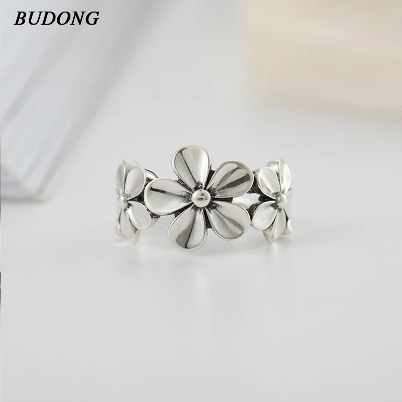 

BUDONG Drop Shipping Vintage 925 Sterling Silver Ring Flower Open Rings for Women Wedding Gift Sterling Silver Jewelry XURT094