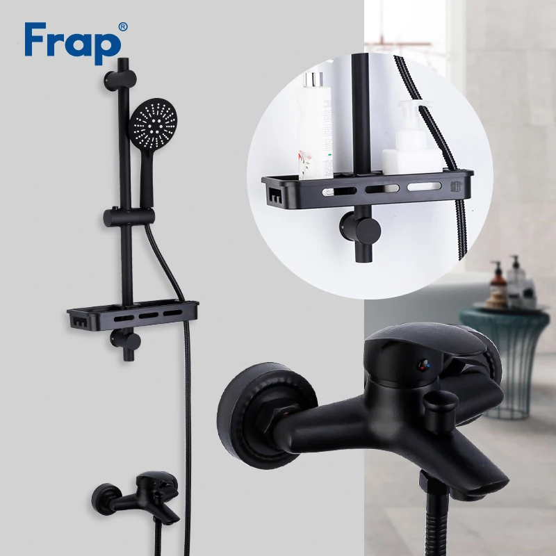 

Frap Shower Faucets matte black bathroom shower system rainfall bath shower set slide bar bathtub faucets bathroom shelf Y24092
