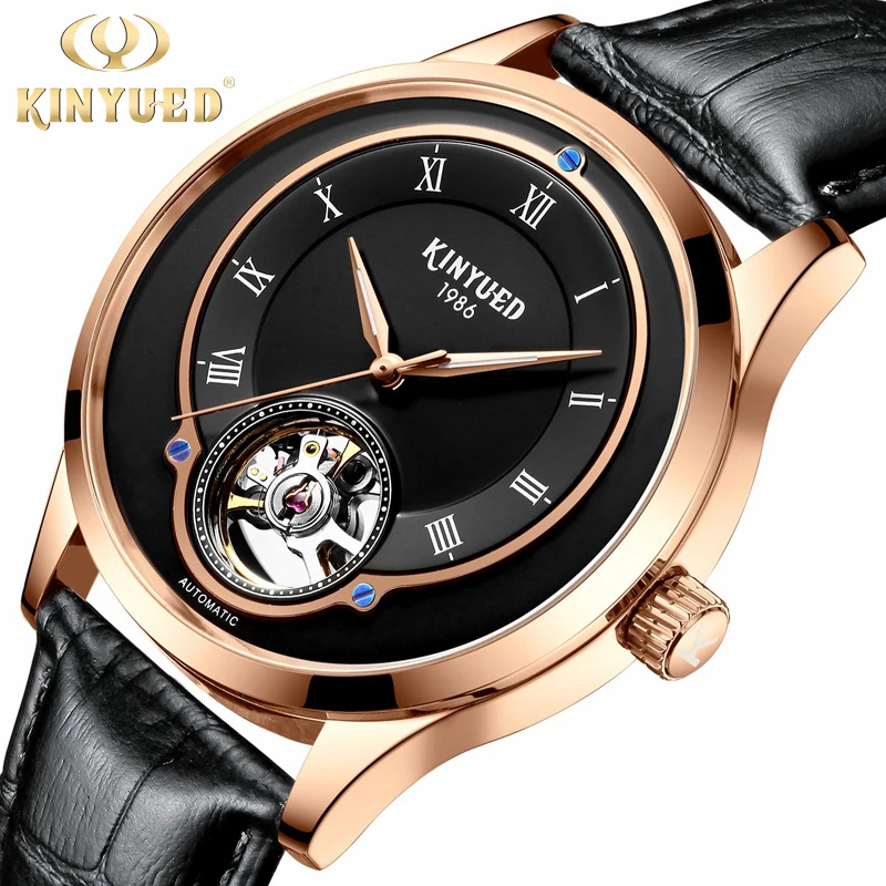 

KINYUED Wrist Mechanical Watch Men Full Automatic Watch Clock Skeleton Rose Gold Leather orologio militare automatico 2019