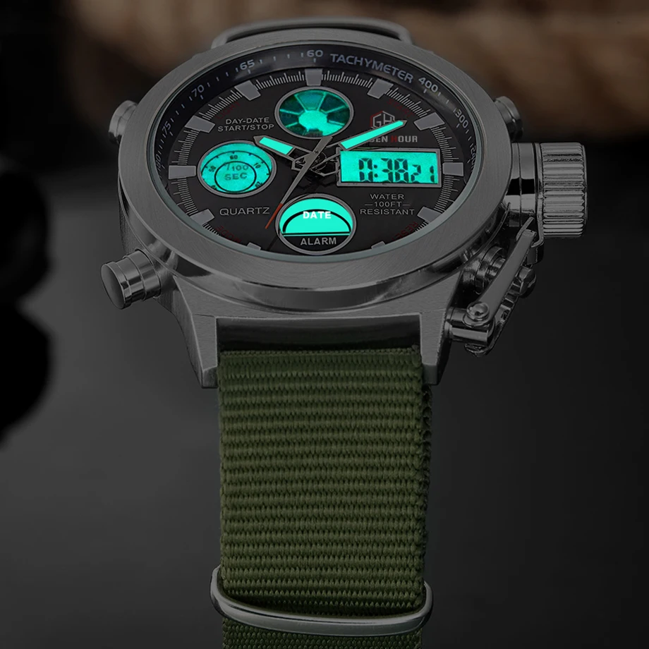 Billig GOLDENHOUR Sport Männer Armbanduhr Mode Männer Quarzuhr Nylon Strap Woche Display Armee Military LED Uhr Relogio Masculino