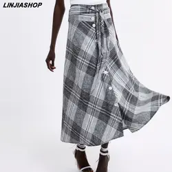 Linjiashop Повседневное клетчатая юбка Для женщин линии заниженной талией лоскутное легко подбирается до середины икры юбка блоггеров