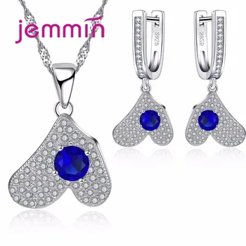 Jemmin Brand Geometric 925 Sterling Silver Austrian Blue Crystal Pendants Necklaces And Earring Set For Women Party Accessory