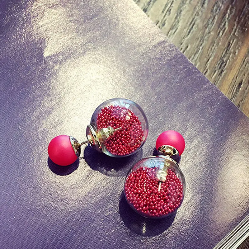 Модные очаровательные серьги-гвоздики из толстого стекла с двумя шариками для женщин и девушек, подарочные серьги для женщин для свадебной вечеринки - Окраска металла: Red