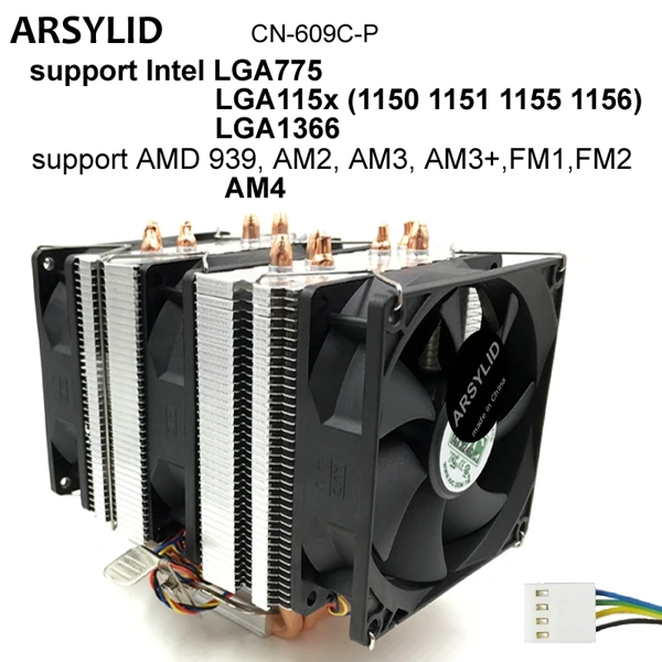 ARSYLID CN-609A-P, 3 шт., 9 см, 4-контактный вентилятор, 6 тепловых трубок, кулер для процессора Intel 4790k lga 1151, теплоотвод, охлаждение для AMD - Цвет лезвия: 3 fan A