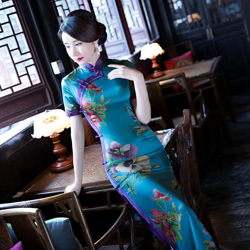 Изящное синее женское шелковое платье Qipao с цветочным принтом повседневное
