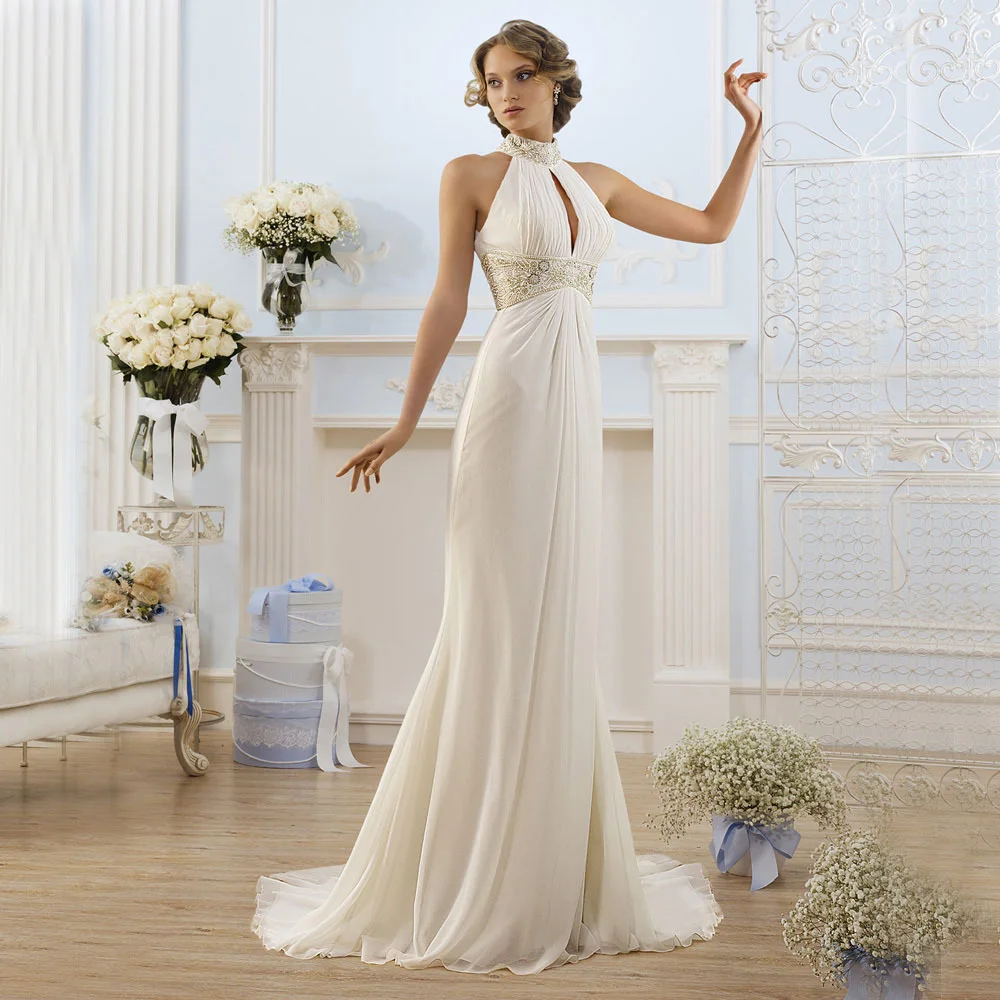 

100% Real Photo 2016 Greek Style Elegant Ivory High Neck Beaded Off Shoulder Beach Wedding Dresses Simple Vestidos De Noiva LM66