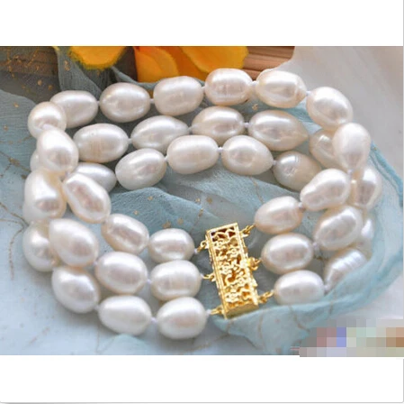

Free shipping >>>>>>P4285 3row 8" 14mm white rice FRESHWATER CULTURED pearl bracelet