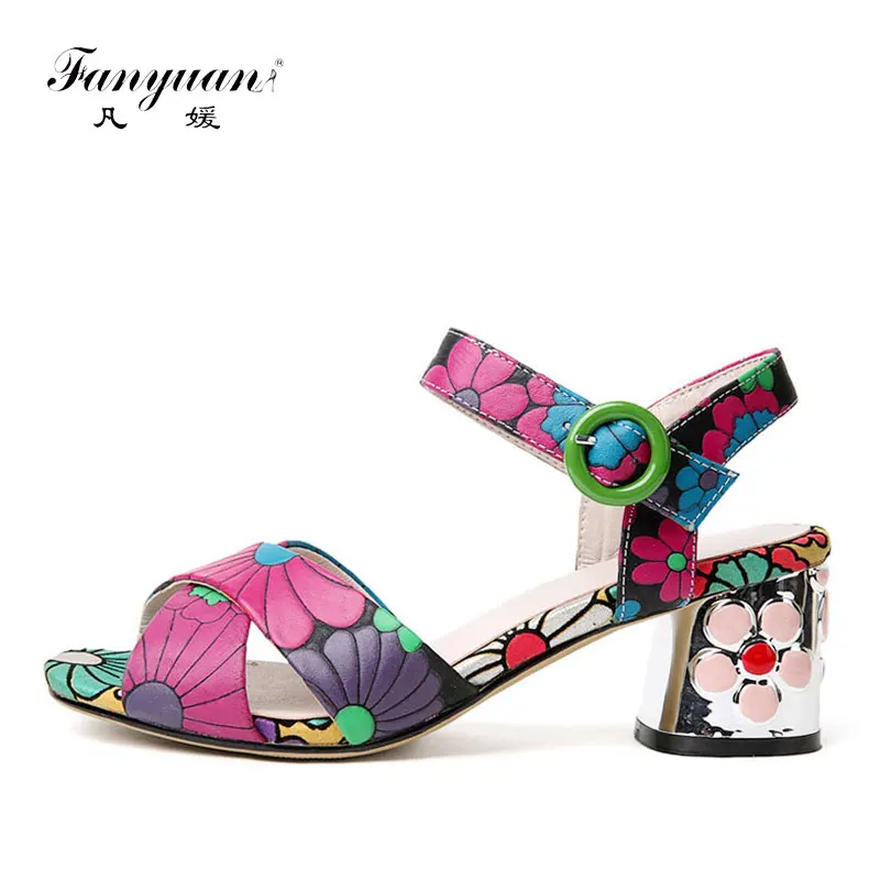 

Fanyuan Elegant Women's High Heels Shoes Prints Cross-Tied Summer Sandals Ladies Ankle Strappy Heels 5.5 cm Fashion Party Shoes