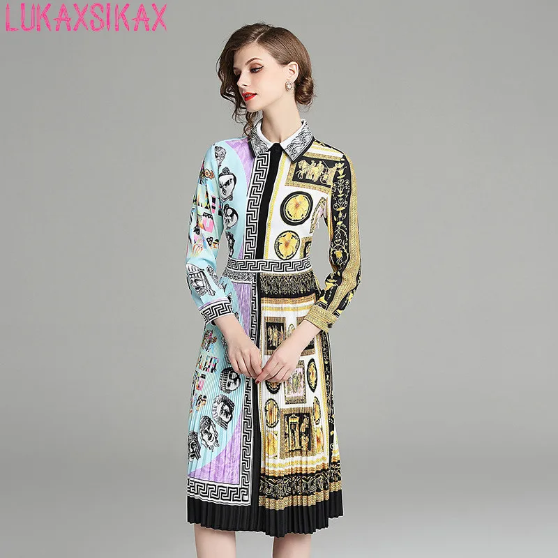 

LUKAXSIKAX Fashion Designer Runway 2019 Spring Autumn Women Dress High Quality Retro Graphic Print Pleated Hem Shirt Dress