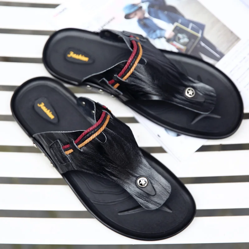 

Men Leather Slippers 2019 Summer Breathable Beach Flip Flops Male Sandals Casual Shoes Slides For Men Fashionable Slides Black