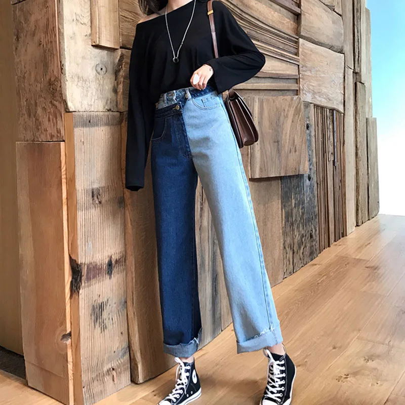 spring New style mock two-piece contrasting color stitching jeans women's Hong Kong-style slimming straight-cut ankle-lengt