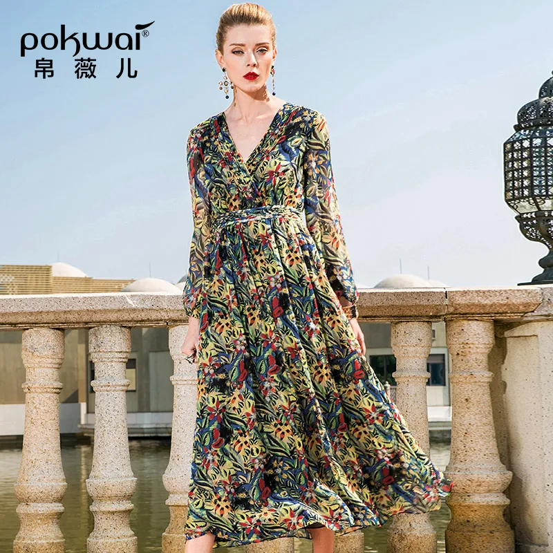 Весеннее шифоновое платье POKWAI новое тонкое Плиссированное Шелковое Платье с v