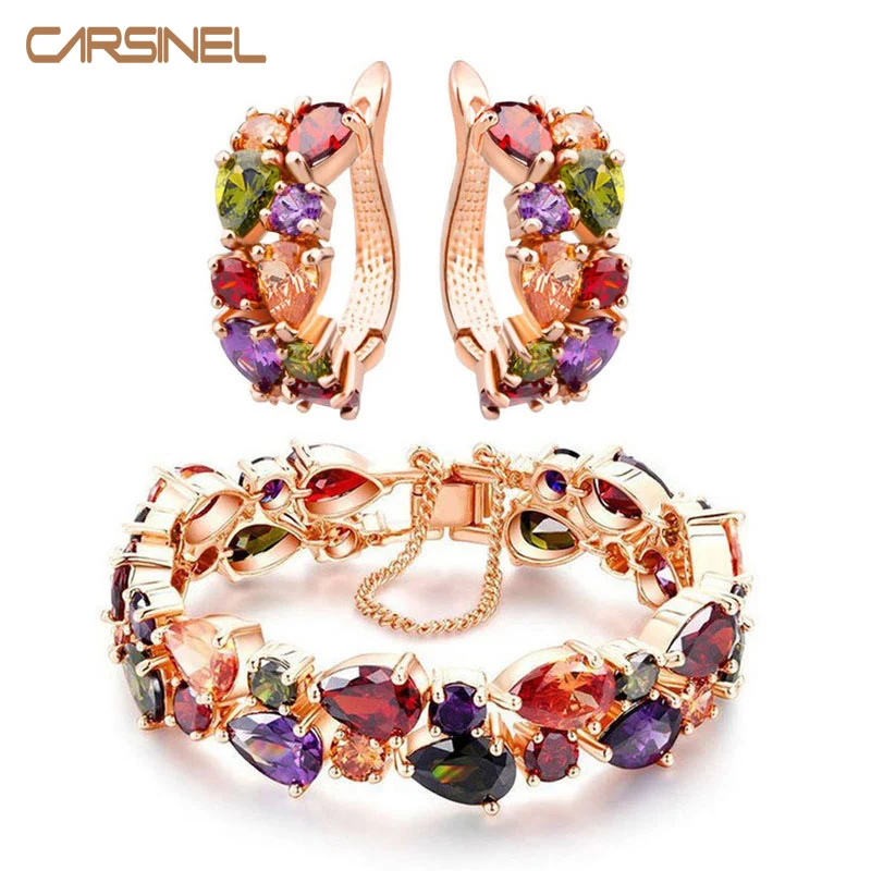 CARSINEL Модный Блестящий Цвет яркий браслет и серьги из циркония цвета розового