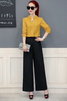 

New Fashion Women 2 Pieces Set Long Sleeve Candy Color Blouse Tops+Wide Leg Pants Casual Office Female Suit Plus Size Streetwear