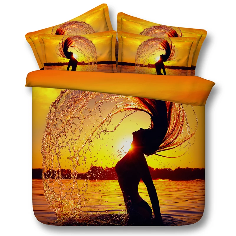 

3D golden bedding sets sexy girl sun set 3/4pc bedspreads cal king full size duvet cover twin queen 500tc woven beauty bed linen