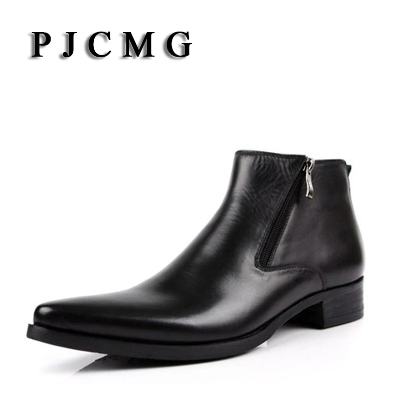 Online PJCMG New cowhide boots Genuine Soft Leather Boots Pointed Toe Breathable Bullock Patterns Oxford Dress Shoes For Men Boots