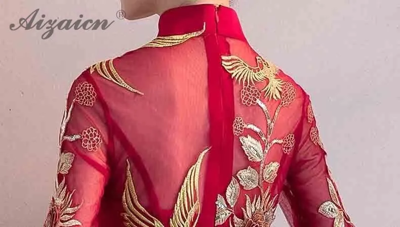 Красный невесты короткие Cheongsam современный вышивка Ци Пао для женщин Китайский традиционный свадебный платье Qipao Chinoise вечерние платья