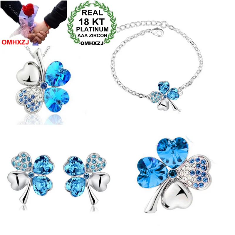 

OMHXZJ AAA Austrian Crystal Silver 18KT Platinum Woman Bride Look For Happy Necklace Earrings Bracelets Brooch Jewelry Sets ST13