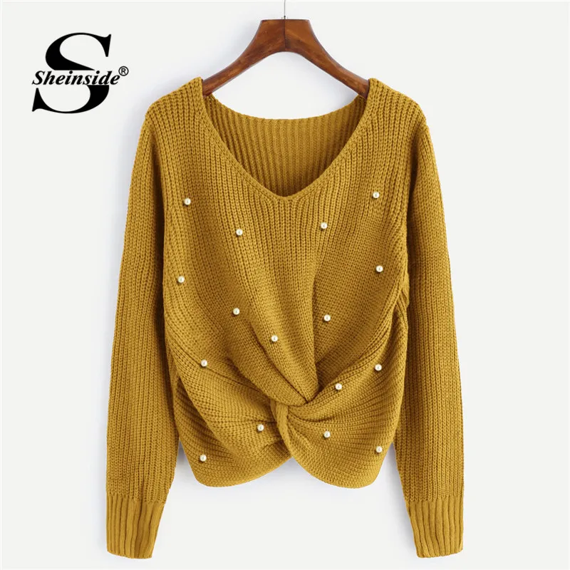 Kaufen Sheinside Plain V Neck Perle Perlen Casual Pullover Langarm Detail Twist Gestrickte Pullover Herbst Winter Tops Für Frauen Pollover