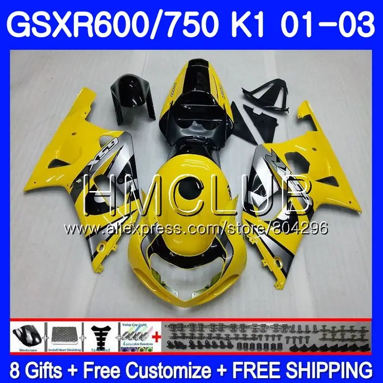 

Body For SUZUKI Yellow silver GSX-R750 GSXR 750 K1 GSXR600 01 02 03 3HM. GSXR 600 01 03 GSXR-600 GSXR750 2001 2002 2003 Fairing