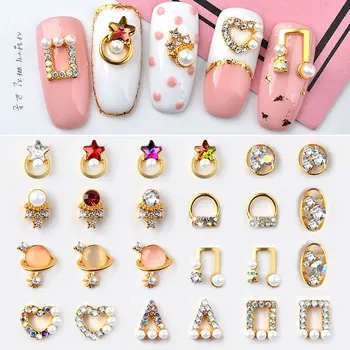 

5pcs Crystal AB Glitter Nail Art Rhinestones 3d Hollow Metal Studs Star Heart Triangle Diamond Jewelry Japan Charm Decorations