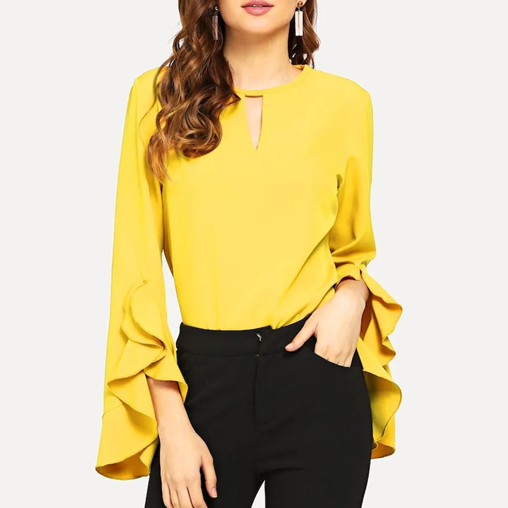 Summer Women Ruffle Blouse Flare Long Sleeve Blouses Shirt Casual Solid Yellow Women Tops Blusa