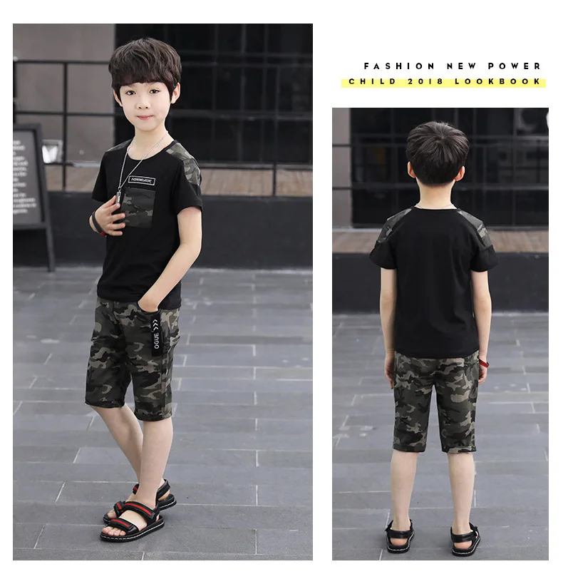 Summer Boys Comouflage Clothing Sets Short-Sleeve Shirts+Pants Clothes Sets For Kids Sports Suits Teenager Tracksuits