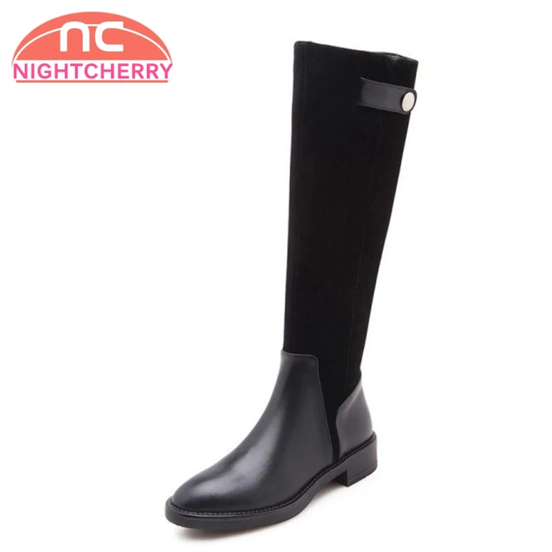 

NIGHTCHERRY Women Knee High Boots Genuine Leather Shoes Woman Winter Patchwork Flats Boots Ladies Zipper Riding Boots Size 34-39