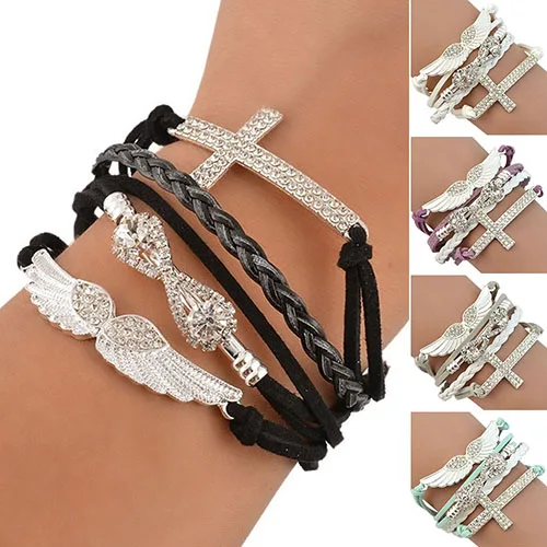 

Women's Angel Wings Cross Rhinestone Braid Faux Leather Alloy Cuff Bangle Bracelet