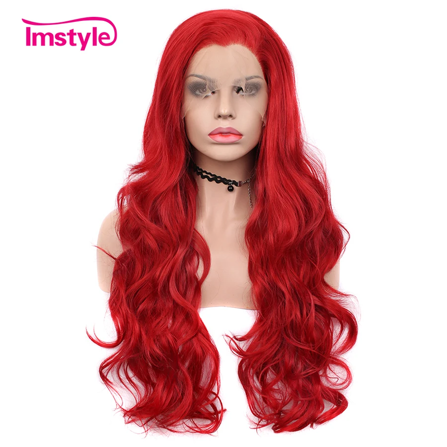 Imstyle красный парик синтетический парик на кружеве для женщин длинный волнистый парик на шнурке косплей парик Термостойкое волокно без клея натуральный волос