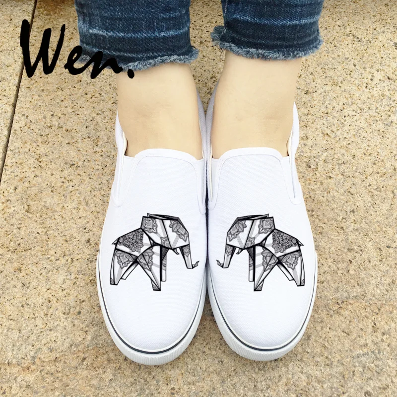 

Wen Original Design Creative Flexagon Paper Folding Elephant Figure Slip On White Black Plimsolls Unisex Canvas Rubber Sneakers