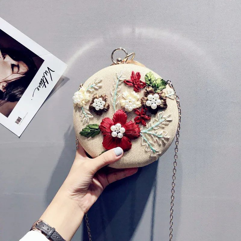 2018 New-designed Korean Hand Embroidered Handbag, Round Mini Flower Chain Banquet Bag Handbag Shoulder Diagonal Ball Bag 2018 New-designed Korean Hand Embroidered Handbag, Round Mini Flower Chain Banquet Bag Handbag Shoulder Diagonal Ball Bag