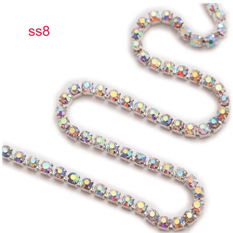 URORU Crystal AB Rhinestone Chain DIY Sew On Gold Base Density Trim Metal Cup Chains Accessories ss6 10yards/lot AM TAIDIAN - Цвет: ss8 ab silver