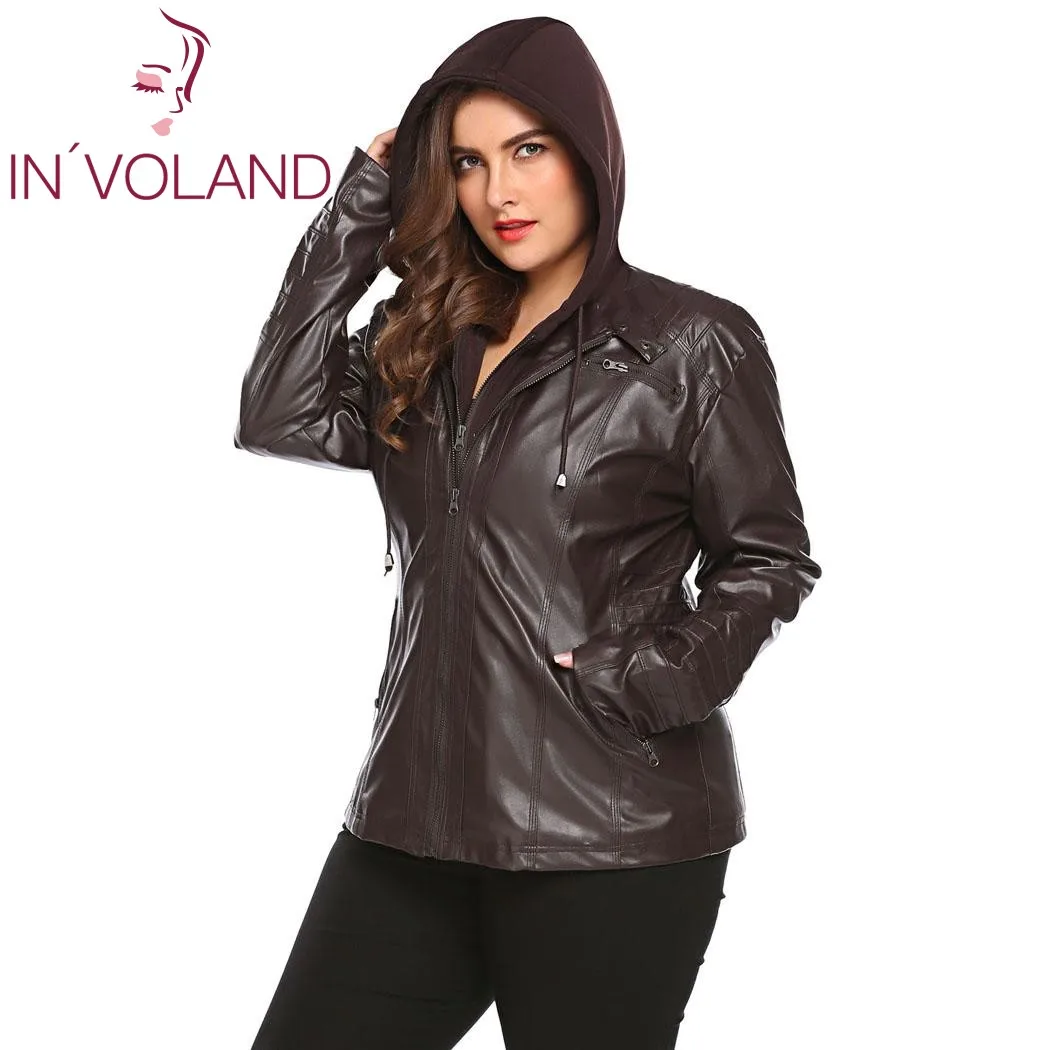 IN'VOLAND Big Size Women Jacket Coat Winter Autumn Hooded Long Sleeve Lady Large Faux-Leather Jacket Outerwear Plus Size 3XL IN'VOLAND Big Size Women Jacket Coat Winter Autumn Hooded Long Sleeve Lady Large Faux-Leather Jacket Outerwear Plus Size 3XL