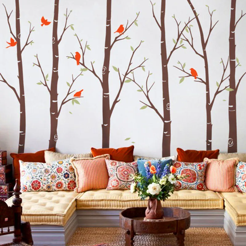 Modern Wall Sticker Birch Tree Birds Vinyl Wall Art Decals Removable