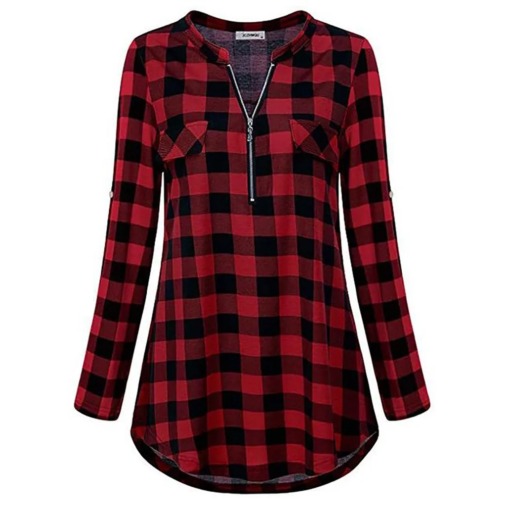 

FREE OSTRICH Womens Plaid Shirts Ladies Causal Long Sleeve Zipped V Neck Shirt Tunic Tops blusas mujer de moda