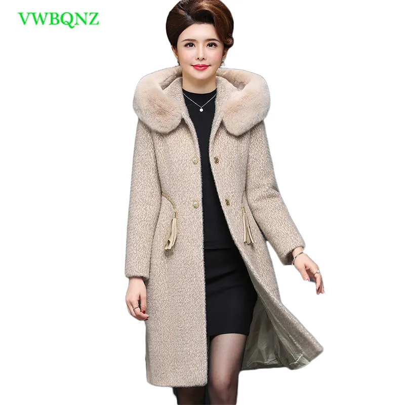 Новый Большие размеры Для женщин зимнее пальто вода бархат шерстяная куртка Для женщин с капюшоном меховой воротник шерстяное пальто