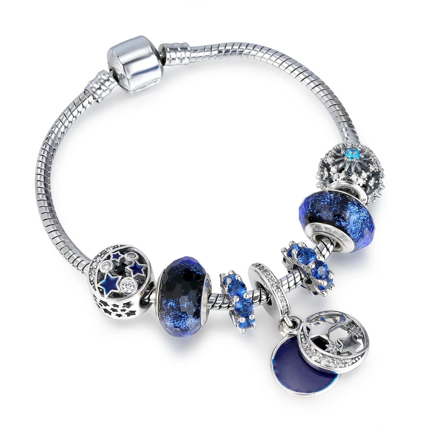 New Fashion Silver pandora Bracelets Women Diy blue Murano Glass