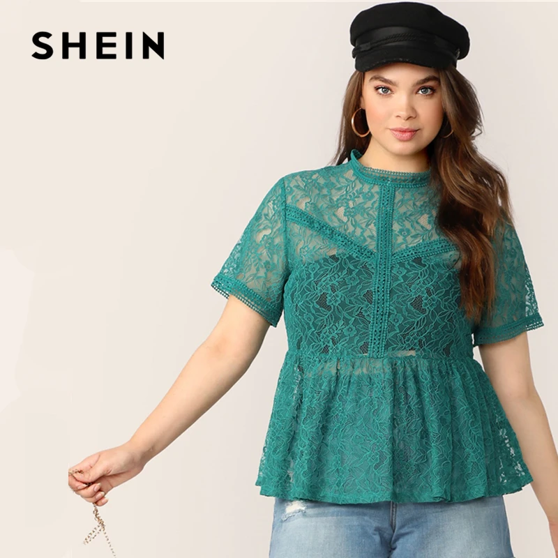 

SHEIN Plus Size Green Zip Back Sheer Lace Overlay Peplum Top Blouse 2019 Women Summer Elegant Ruffle Hem Stand Collar Blouses