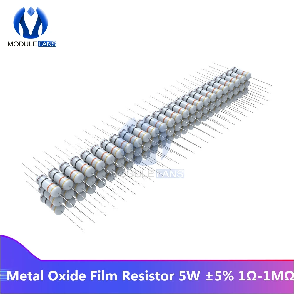 50 шт. металлический оксидный пленочный резистор 5W 5%+ 5%-5% 1R-1M 1K 2,2 K 4,7 K 5,1 K 6,8 K 10K 15K 22K 47K 100K сопротивление Diy Электронный Ом