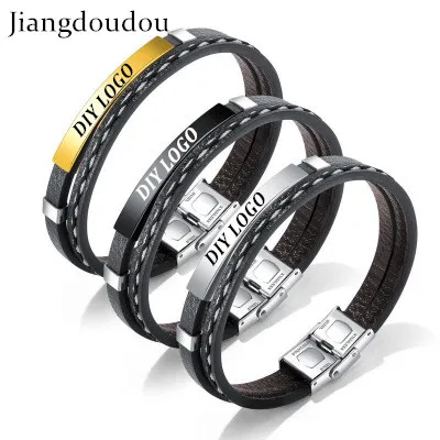 

Dropshipping Vintage Genuine DIY LOGO Leather Bracelet for Men Laser Engrave Name Stainless Steel Bracelets Male Jewelry Gifts