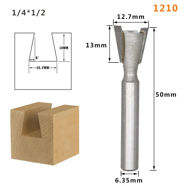 1pc1/4 1/2 мм хвостовик Высокое качество промышленных Класс древесинная ласточкин хвост фрезы для контурной обработки для обработки дерева Вольфрам гравировальный инструмент фрезерный станок - Длина режущей кромки: 1210
