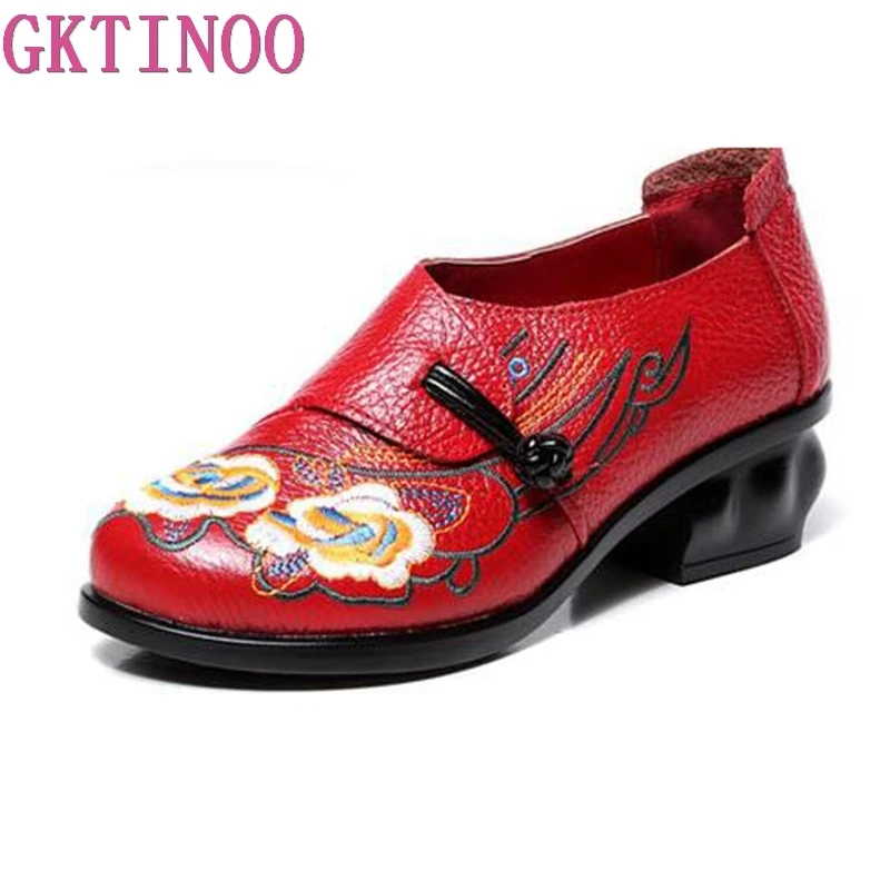 GKTINOO 2021 Spring Autumn Women Shoes Retro Thick High Heels Soft Sole Embroidered Women's Genuine Leather Footwear | Обувь